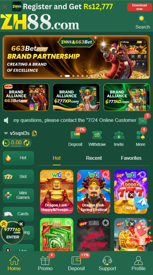 ZH88.com Hot slots lobby with deposit invite and brand banners