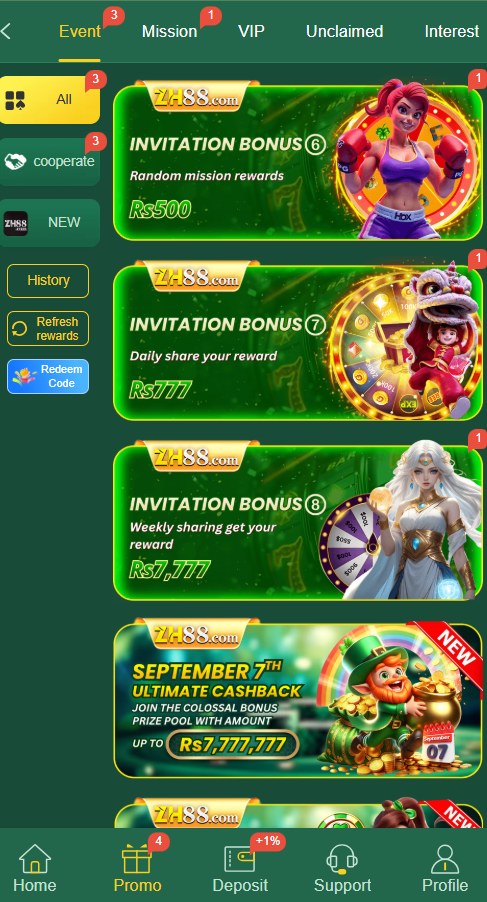 ZH88 Event invitation bonus and ultimate cashback banners
